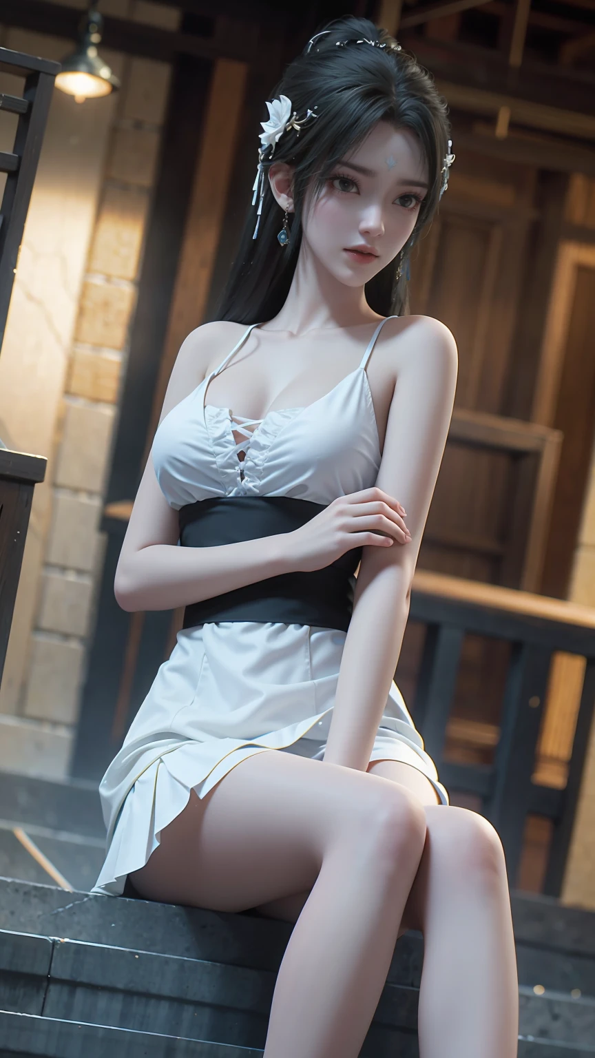ultra Practical 8k cg, picture-Perfect face, Flawless, Clean, masterpiece, Professional artwork, Famous Artworks, Perfect face, Pretty Face, beautiful Eye, ((Perfect female body)), Solitary,(Immersive atmosphere, Chiaroscuro:1.5,Bright Light:1.2,Luminous lighting) ,,(blush:0.5),Expression,Extremely detailed_Eye,Thick thighs,Large Breasts, Beautiful and detailed background,Depth of Field,Practical:1.3, Long Shot,1 Girl,shirt,Pleated Skirt, , sit, whole body, (Ambient Light:1.3),(Composition:1.3),(Neon:0.1),(Human Development Report:0.1),Accent Lighting, White pantyhose, ,(Purple long hair),灰色Eye,Cover your chest with your hands,Black hair