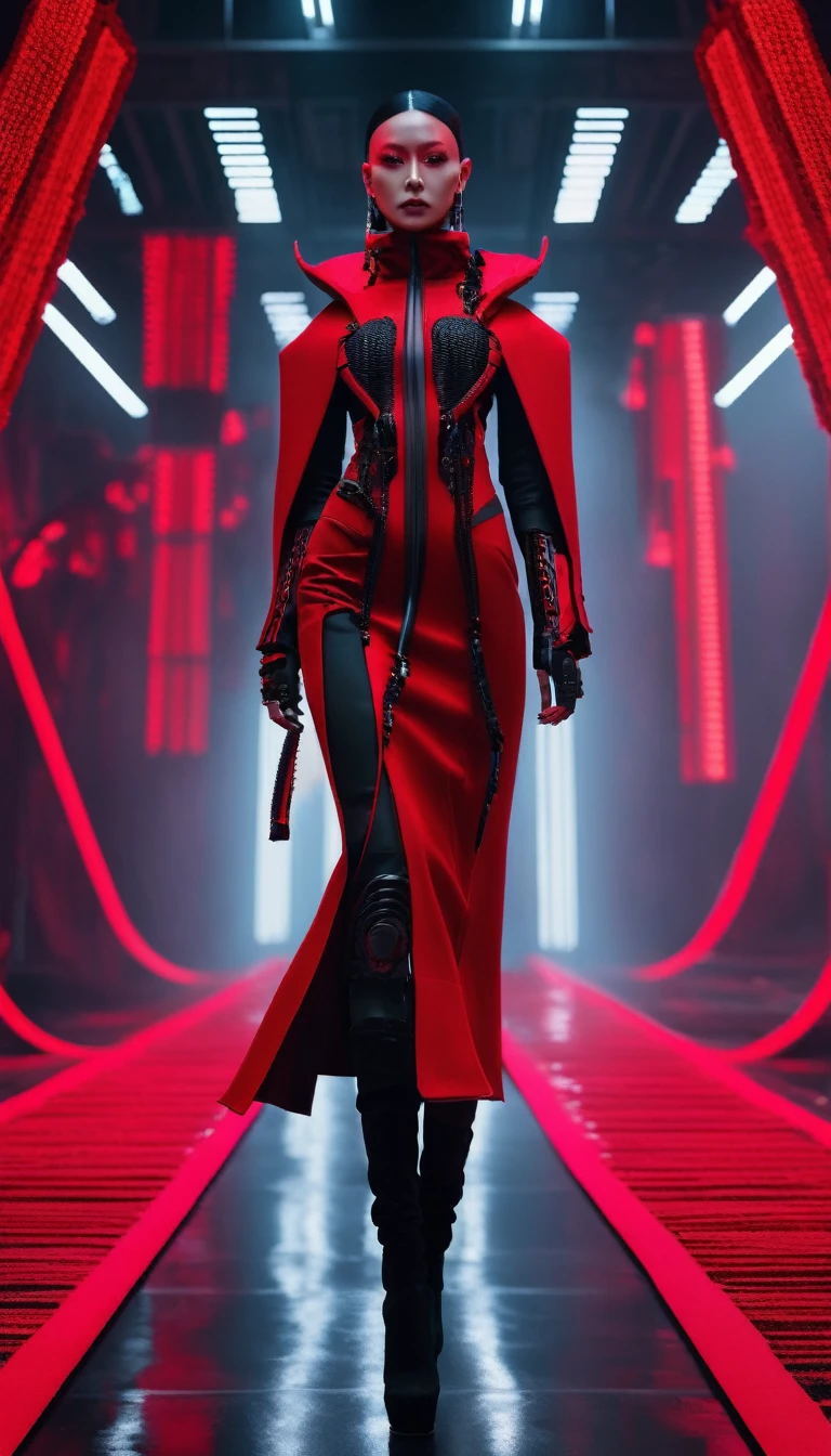 A fashion runway for alien technology , Cyberpunk fashion photography , Inspired by Chinese Xianxia and dark gothic。(Best quality,4K,8K,A high resolution,Masterpiece:1.2), (Realistic,Photorealistic,photo-realistic:1.37), red and monochromatic.