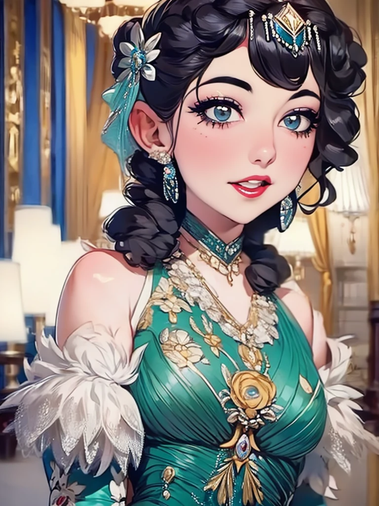araffe woman in a flapper dress , a portrait inspired by Harrison Fisher, trending on cg society, art deco, 1920s vibes, wearing 1 9 2 0 s cloth hair, 1 9 2 0 s cloth style, 1 9 2 0 s style, 1920s style, wearing 1 9 2 0 s fashion