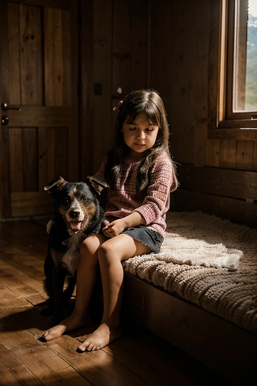 Girl with a dog in a house in the mountains at dawn