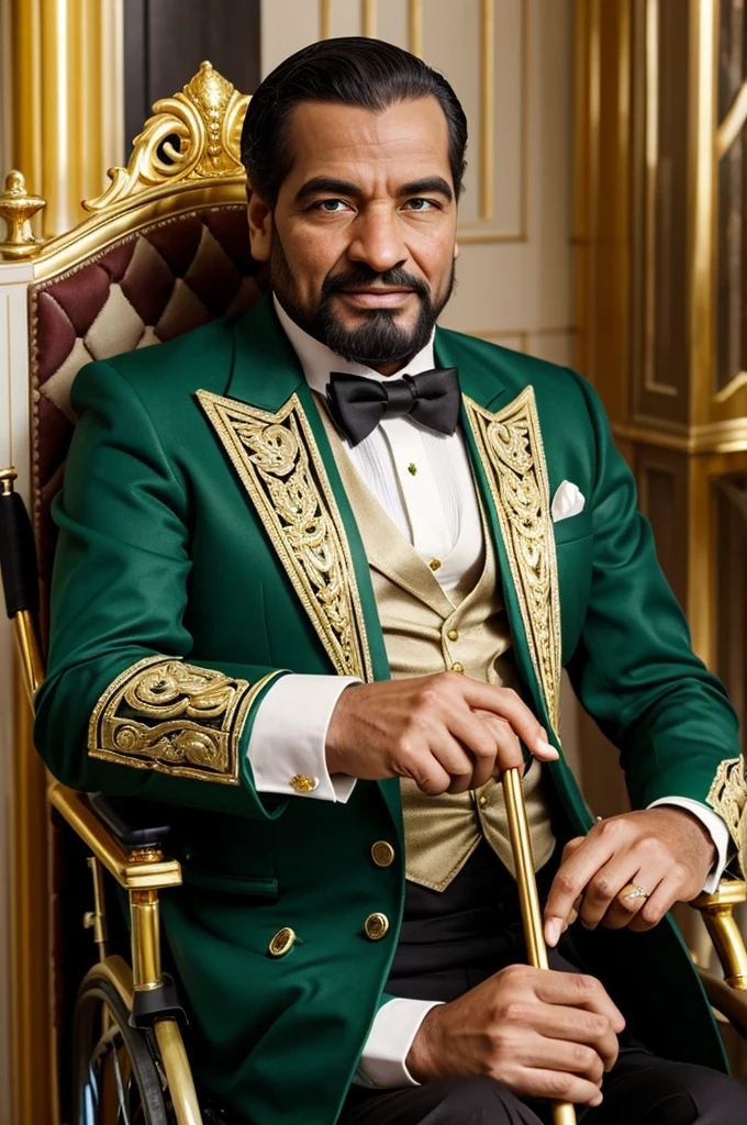 Create a caricature of a man in a wheelchair that is made of gold with emeralds and in his hand he has an ivory cane with diamonds