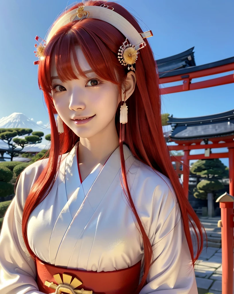 (Highest quality), (32k), (High resolution), (Masterpiece:1.5), marimo_jet, god々A photograph with brilliant dazzling and healing power., Evoking a sense of calm and elusive beauty, Expressing emotions, Have a rich imagination,Beautiful Japanese Girls, An exceptionally beautiful face, Small Face Beauty, Perfect Human Anatomy, Magical big eyes, Motherhood and generosity, Deep Love, fleeting smile, ((Shiny Red Hair:1.4)), Super Long Straight Silk Hair, Asymmetrical bangs, Hair between the eyes, Transparent, soft white skin, Sharp eyebrows, Thin lashes, Natural Makeup, Cheek highlighter, Detailed lips, ((Japanese traditional shrine maiden clothing:1.5)), Slim figure with ample breasts, ((Detailed sky background:1.3)), Dazzling Sun, Professional Lighting, Professional photographer, Professional models, god秘的