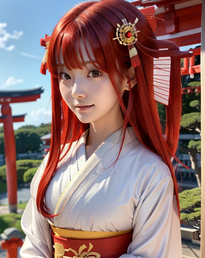 (Highest quality), (32k), (High resolution), (Masterpiece:1.5), marimo_jet, god々A photograph with brilliant dazzling and healing power., Evoking a sense of calm and elusive beauty, Expressing emotions, Have a rich imagination,Beautiful Japanese Girls, An exceptionally beautiful face, Small Face Beauty, Perfect Human Anatomy, Magical big eyes, Motherhood and generosity, Deep Love, fleeting smile, ((Shiny Red Hair:1.4)), Super Long Straight Silk Hair, Asymmetrical bangs, Hair between the eyes, Transparent, soft white skin, Sharp eyebrows, Thin lashes, Natural Makeup, Cheek highlighter, Detailed lips, ((Japanese traditional shrine maiden clothing:1.5)), Slim figure with ample breasts, ((Detailed sky background:1.3)), Dazzling Sun, Professional Lighting, Professional photographer, Professional models, god秘的