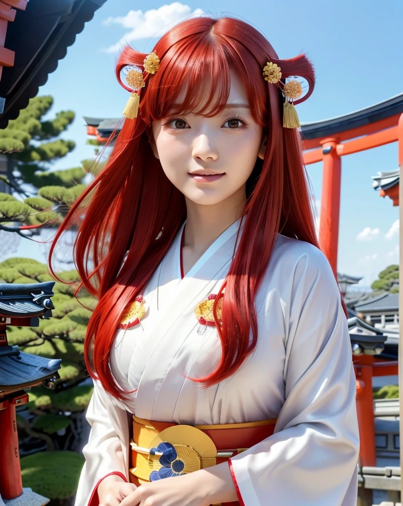 (Highest quality), (32k), (High resolution), (Masterpiece:1.5), marimo_jet, god々A photograph with brilliant dazzling and healing power., Evoking a sense of calm and elusive beauty, Expressing emotions, Have a rich imagination,Beautiful Japanese Girls, An exceptionally beautiful face, Small Face Beauty, Perfect Human Anatomy, Magical big eyes, Motherhood and generosity, Deep Love, fleeting smile, ((Shiny Red Hair:1.4)), Super Long Straight Silk Hair, Asymmetrical bangs, Hair between the eyes, Transparent, soft white skin, Sharp eyebrows, Thin lashes, Natural Makeup, Cheek highlighter, Detailed lips, ((Japanese traditional shrine maiden clothing:1.5)), Slim figure with ample breasts, ((Detailed sky background:1.3)), Dazzling Sun, Professional Lighting, Professional photographer, Professional models, god秘的