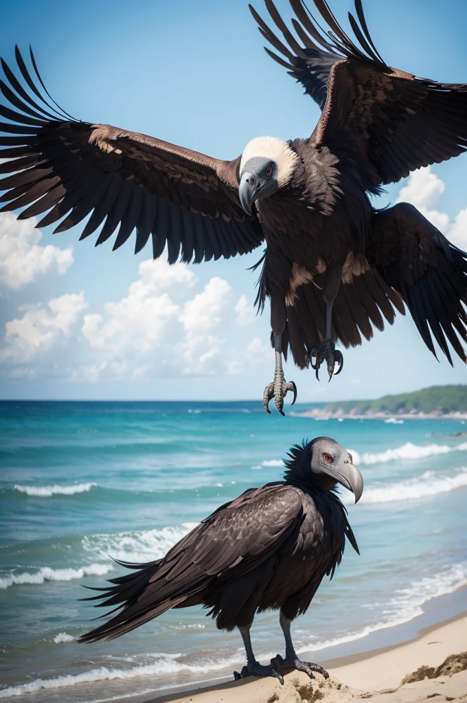 A vulture in humanoid form, bombed on the beach 
