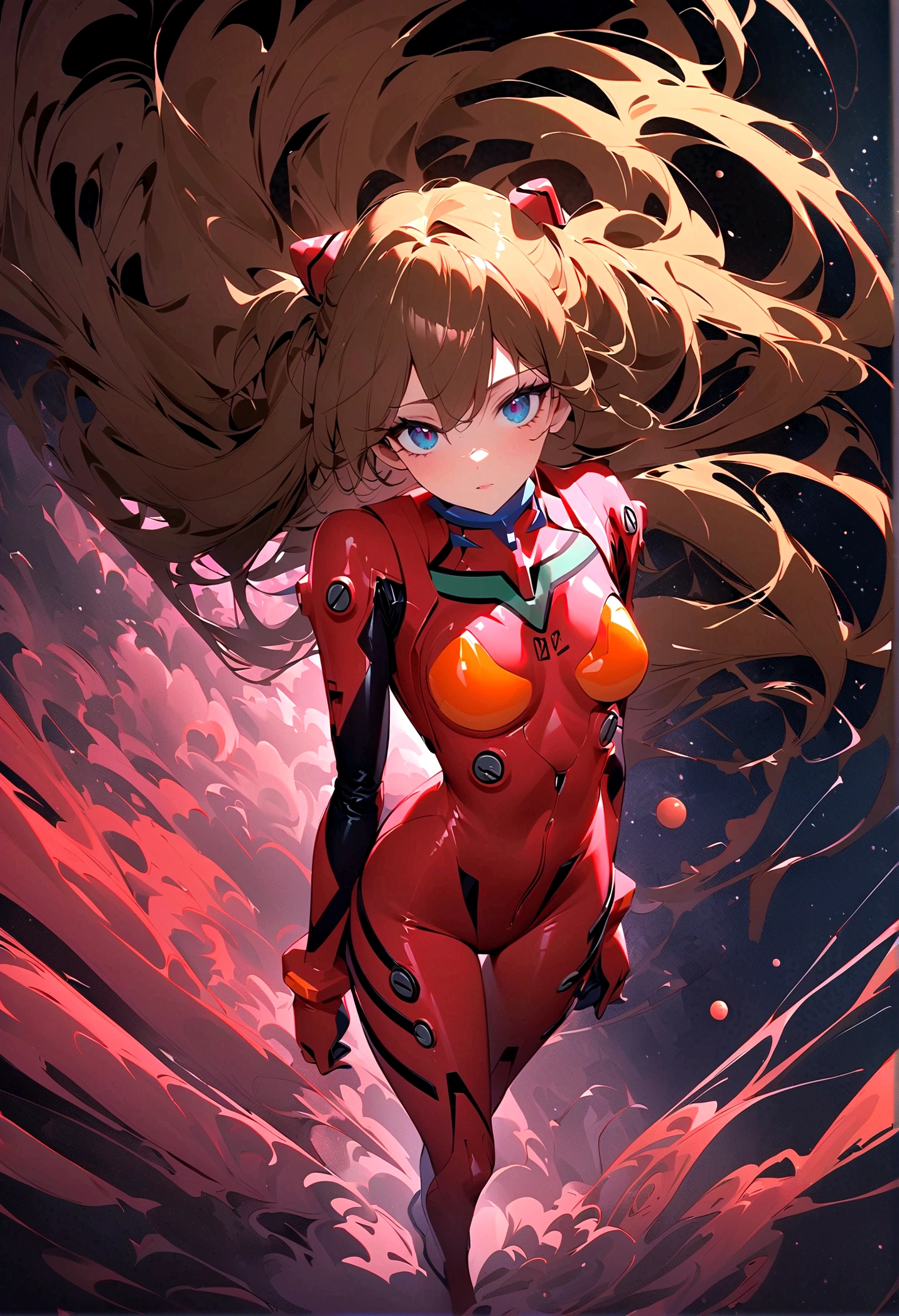 1girl, solo, looking at viewer, full body, standing, long hair, asuka cosplay costume, cosplay, plugsuit, bodysuit, hair ornament, seen from above, space, floating,Dubrec style，Transparent figure back，（Multiple Exposure：1.8）Intricate illustration in surreal art style，surreal dreamscape，