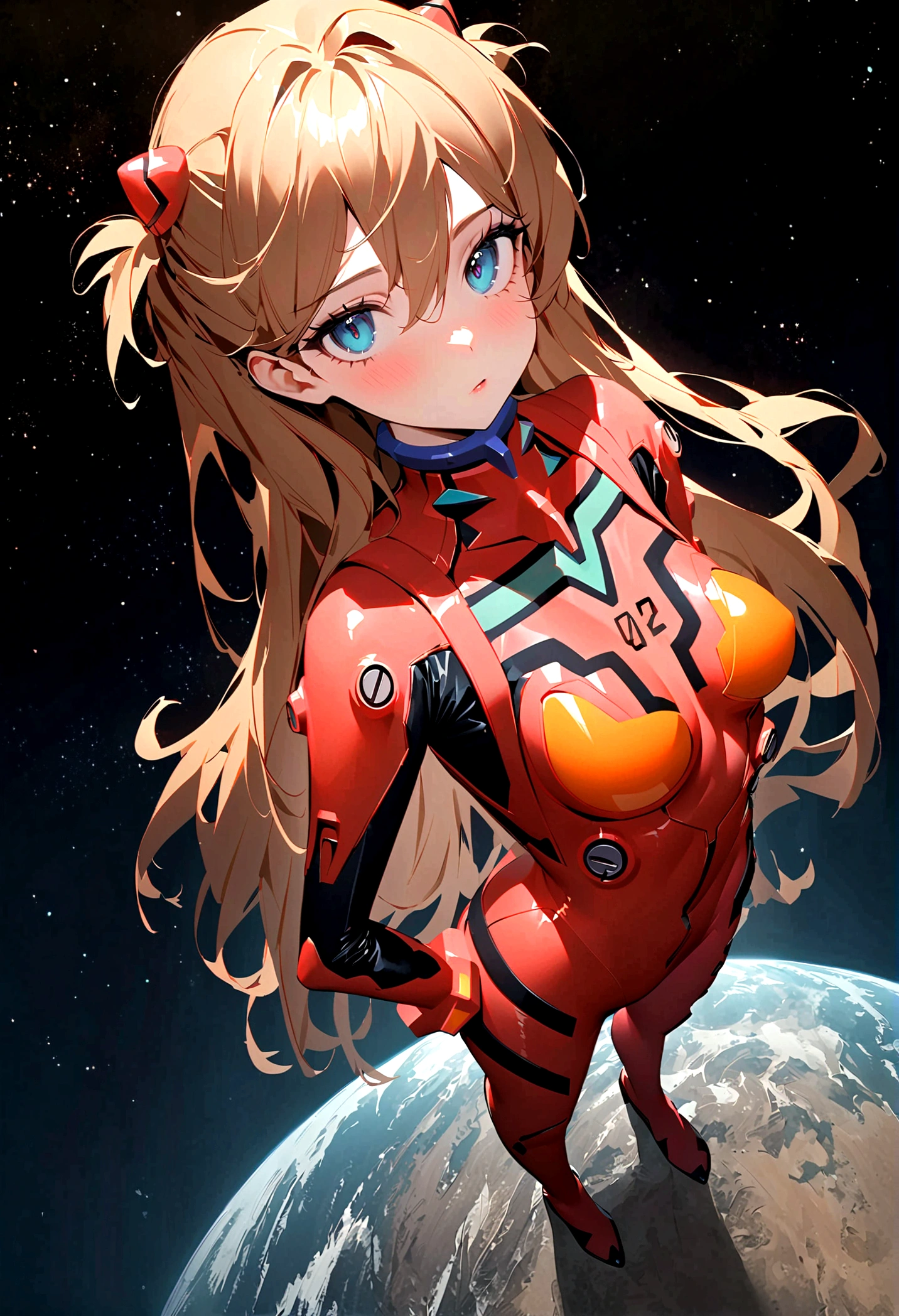 1girl, solo, looking at viewer, full body, standing, long hair, asuka cosplay costume, cosplay, plugsuit, bodysuit, hair ornament, seen from above, space, floating,Dubrec style，Transparent figure back，（Multiple Exposure：1.8）Intricate illustration in surreal art style，surreal dreamscape，