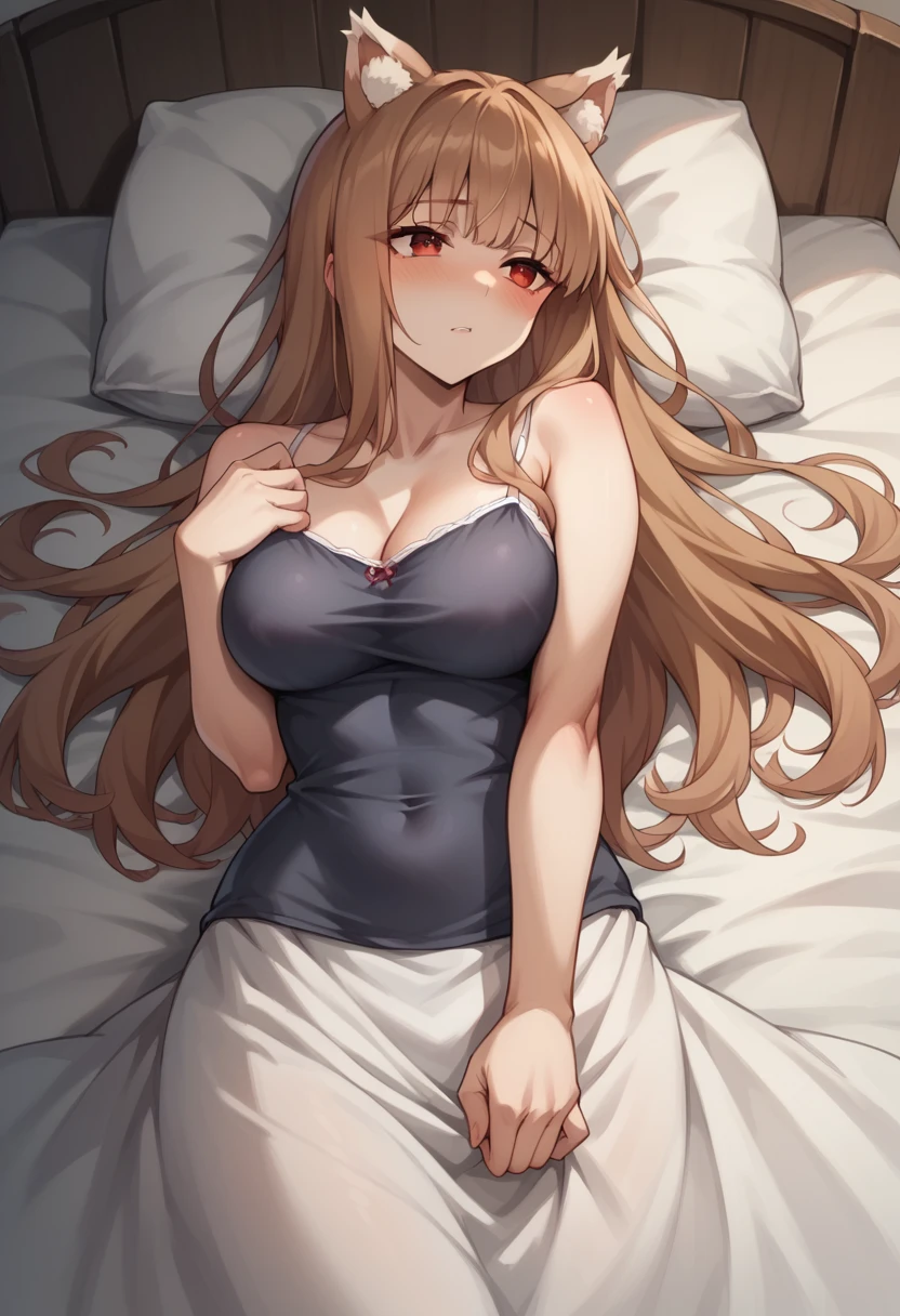 ((masterpiece)), (Highest quality), (detailed), (1 Girl),,Red eyes,Light brown hair、Long Hair、Wolf Ears、,bed、Large Breasts、blush、camisole(tight)、