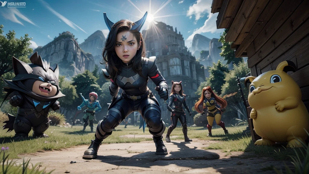 x men rdomino in a cartoonish fortnite shape with several monsters around 