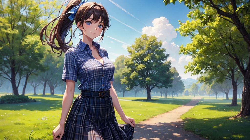 1girl, solo, full body, rural landscape, village, trees, sun, clouds, fantasy, brown hair, ponytail, large breasts, button down shirt, ((blue checked shirt)), ((short sleeved shirt)), ((unbuttoned shirt)), unbuttoning buttons, cleavage 1:3, shirt tied under chest, belly reveal, blue eyes, dark skirt, smile, looking at the viewer, standing, hair ribbon, golden necklate