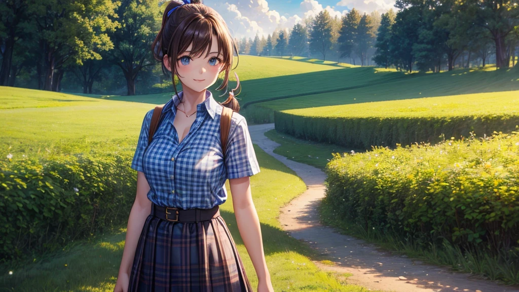1girl, solo, full body, rural landscape, village, trees, sun, clouds, fantasy, brown hair, ponytail, large breasts, button down shirt, ((blue checked shirt)), ((short sleeved shirt)), ((unbuttoned shirt)), unbuttoning buttons, cleavage 1:3, shirt tied under chest, belly reveal, blue eyes, dark skirt, smile, looking at the viewer, standing, hair ribbon, golden necklate