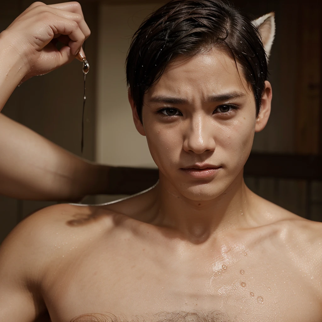 soaked skin, short hair, fox ear, short hair, cute, cry, man, handsome