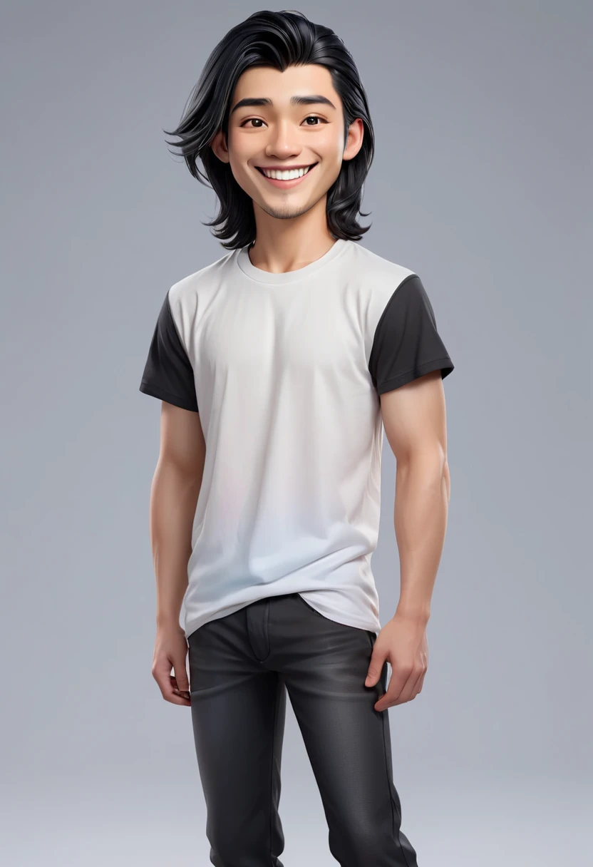 masterpiece, Top quality, highly detailed, realistic, Detailed Face, Detailed and realistic skin, perfect shiny skin, One male, young man, 20 years old, (Mullet cut gradient black hair), full body,standing, front face, t-shirt big plain black T-shirt, big trousers, talking with hand gestures, front view, big smile