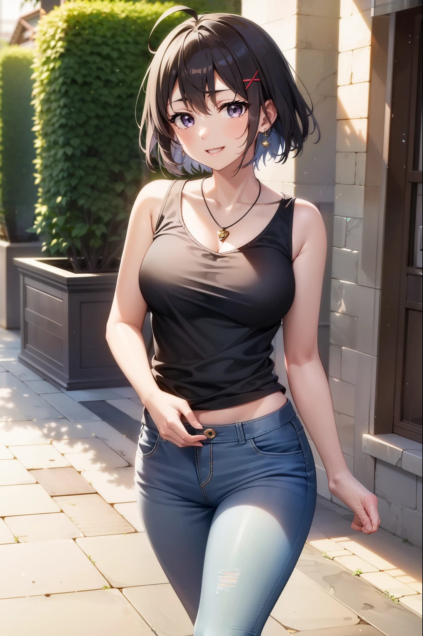 komachihikigaya, komachi hikigaya, short hair, Black Hair, hair ornaments, Ahoge, Hair Clip, x hair ornaments, (Purple eyes:1.1), tooth, happy smile, smile, Open your mouth, black tank top shirt,Locket Necklace,Skinny jeans,Stiletto heels,morning,morning陽,The sun is rising,Walking,whole bodyがイラストに入るように,
break outdoors, Building district,
break looking at viewer,whole body,
break (masterpiece:1.2), Highest quality, High resolution, unity 8k wallpaper, (figure:0.8), (Beautiful attention to detail:1.6), Highly detailed face, Perfect lighting, Highly detailed CG, (Perfect hands, Perfect ???????),