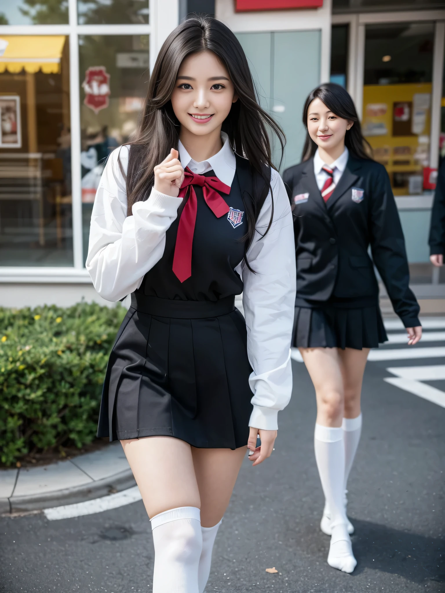 ((One girl)), ((Highest quality)), (Very detailed), (Very detailed CG synthesis 8k wallpaper), Very detailed, High-resolution RAW color photos, Professional photography, Black Hair, Long Hair、Great face and eyes、smile, (((Beautiful big breasts))), (A stunningly beautiful girl is walking), (((depicted in detail、Realistic finger joints)))、Depth of written boundary、Hands are clearly visible、depicted in detail、Realistic finger joints、Realistic hands and feet、Perfect anatomical detail、The knuckles of the hands and fingers are clearly visible
(((A woman in a high school uniform))), (((Japanese High 、Black knee-high socks))), In front of McDonald's, Afternoon Sunshine, Walking with a smile, Hair swaying in the wind