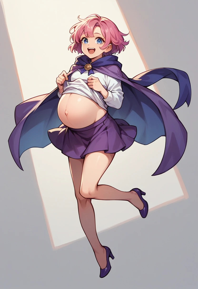 pregnant cute short young with long pink hair, blue eyes, white shirt, purple cape, purple skirt, purple heels, happy, lifting her shirt and revealing her bare belly