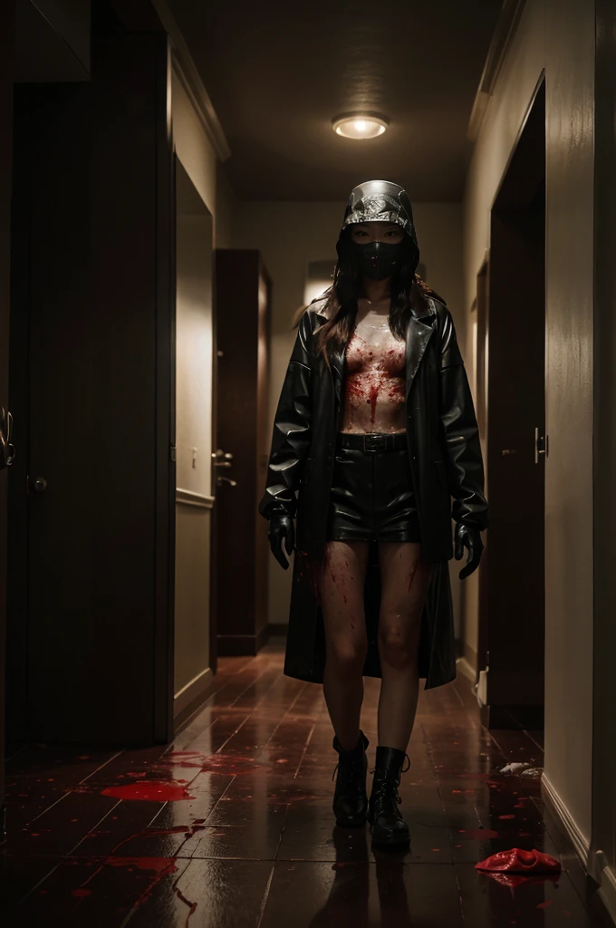 korean girl, (behind corpse, surgical mask), blood splatter, holding knife, stabbing, gloves, room full of blood, transparent raincoat, leather bucket hat, holding knife, gloves, behind corpse, very long hair, night, mass murderer, robbery, in the hotel, dark atmosphere, cinematic lighting, atmospheric realistic,
