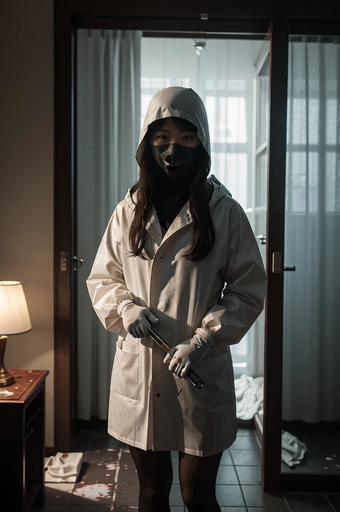 korean girl, (behind corpse, surgical mask), blood splatter, holding knife, stabbing, gloves, room full of blood, transparent raincoat, leather bucket hat, holding knife, gloves, behind corpse, very long hair, night, mass murderer, robbery, in the hotel, dark atmosphere, cinematic lighting, atmospheric realistic,