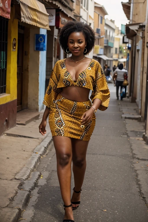 Create an image of a 23-year-old African woman, exuding happiness, dressed in a beautiful ankara, she should be very thick and realistic . She should be walking down a street with the confidence and grace of a fashionista. The scene should be simple and capture her African heritage, reflecting her Kenyan background.