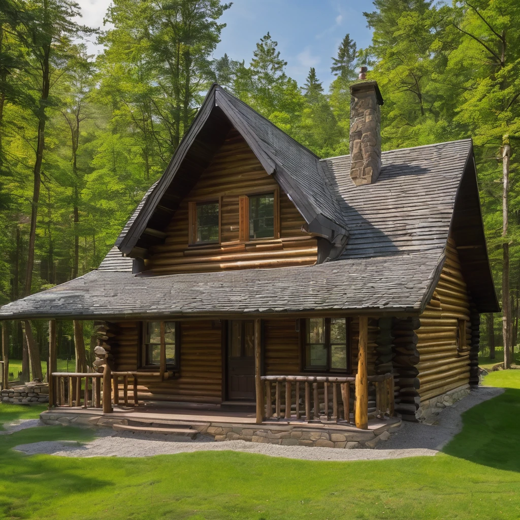 arafed log cabin with a porch and a covered porch, cabin in the woods, log cabin, a brick cabin in the woods, wood cabin in distance, a long-shot from front, wide shot of a cabin interior, in a cabin, old cabin, cabin, frontal shot, cottage in the woods, nestled in a forest, front side view