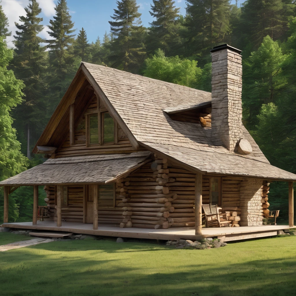 arafed log cabin with a porch and a covered porch, cabin in the woods, log cabin, a brick cabin in the woods, wood cabin in distance, a long-shot from front, wide shot of a cabin interior, in a cabin, old cabin, cabin, frontal shot, cottage in the woods, nestled in a forest, front side view