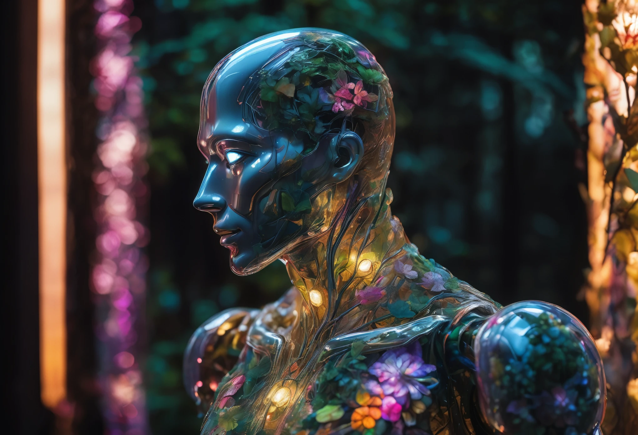 high detailed professional upper body photo of a transparent porcelain android looking at viewer,with glowing backlit panels,anatomical plants,dark forest,night,darkness,grainy,shiny,intricate plant details,with vibrant colors,colorful plumage,bold colors,flora,contrasting shadows,realistic,photographic,