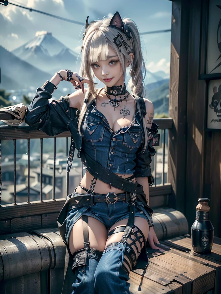 (Beautiful lips and nose:1.4)、(Long eyelashes:1.4)、(Smiling with teeth showing:1.3),(Shibuya Gal:1.5)、(Gothic Lolita delicately decorated dress:1.5)、(Tattered denim and black punk rock cargo pants:1.5)、(Denim and black navy skull mark small jacket:1.4)、(denim garter belt:1.5)、(Black and denim knee socks:1.3)、(Skull Silver Accessories:1.5)、(Denim collar:1.3)、(Brown Skin Belt:1.4)、(Brown boots:1.2)、(The underwear is striped:1.4)、31 years old、((Highest quality、In 8K、masterpiece:1.3))、Sharp focus:1.2、(Layered Cut、Huge boobs:1.1),Beautiful woman with perfect figure:1.4、(Dancing vigorously:1.3)、Slender Abs:1.2、Highly detailed face and skin texture、Detailed eyes、double eyelid,(Twin tails:1.3)、(Cream colored hair:1.3)、Gravure idol、(The background is a vast mountain with a clear view々Beautiful luxury resort destination in Europe:1.3)、(Slim body:1.2),(Make your legs thinner:1.4),(clavicle:1.1)