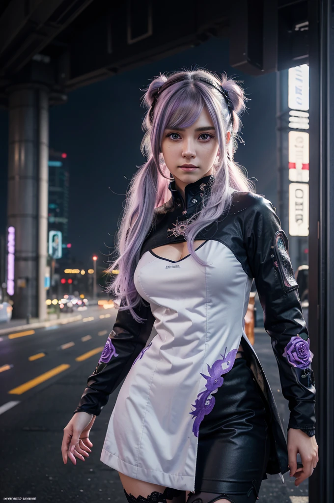 masterpiece, best quality, illustration, beautiful detailed eyes, colorful background, mechanical prosthesis, mecha coverage, emerging dark purple across with white hair, pig tails, disheveled hair, fluorescent purple, cool movement, rose red eyes, beatiful detailed cyberpunk city, multicolored hair, beautiful detailed glow, 1 girl, expressionless, cold expression, insanity, long bangs, long hair, lace, dynamic composition, motion, ultra - detailed, incredibly detailed, a lot of details, amazing fine details and brush strokes, smooth, hd semirealistic anime cg concept art digital painting, hijab style,
