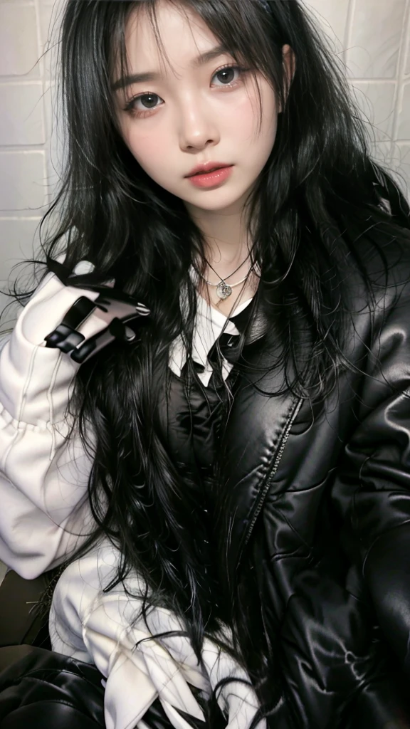 Upper body covered with black leather gloves up to the fingertips in both hands, black leather double riders open jacket, slender necklace, young and cute Japanese girl with beautiful black hair, sitting on a black leather chair facing the desk in the president's room at night, sitting on a cheek stick, big breasts, (white sexy simple bra), 4k, masterpiece