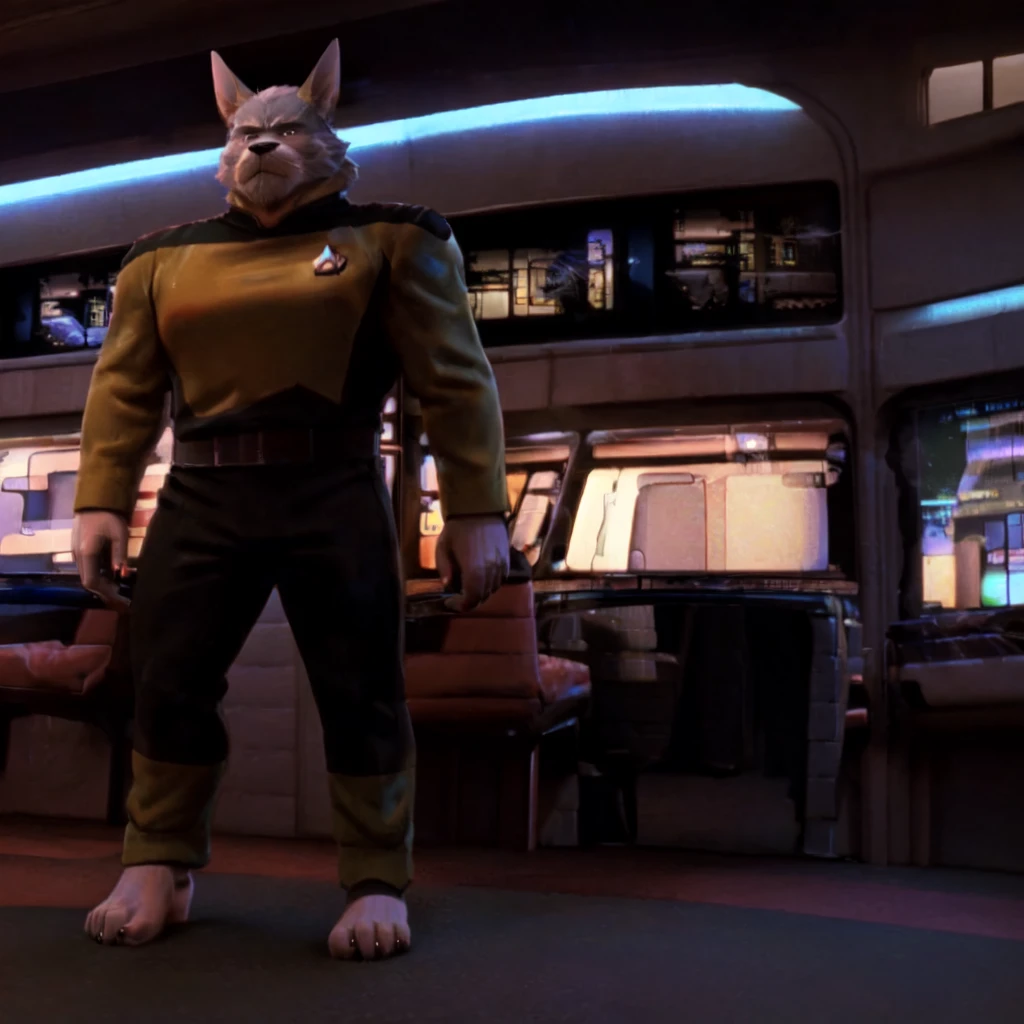 (((Barefoot furry character, full body, cinematic setting, furry male, plantigrade))) 

captain ((Totoro)), studio ghibili, furry, big, fat, whiskers, grey skin, claws,

exudes confidence and authority on starship bridge, wears star trek next generation security officer yellow uniform, ((s3stngunf uniform))) long black pants, muscular figure, dynamic pose, action expression

((Bridge of starship with many screens and consoles)), futuristic look, metalic, bright colors

BREAK, intricate details, highly detailed, extreme detail, octane render, fine art, best quality, highres, (detailed face:1.5), ((full_body)), UHD, (((perfect hands))), ((low light:1.5))