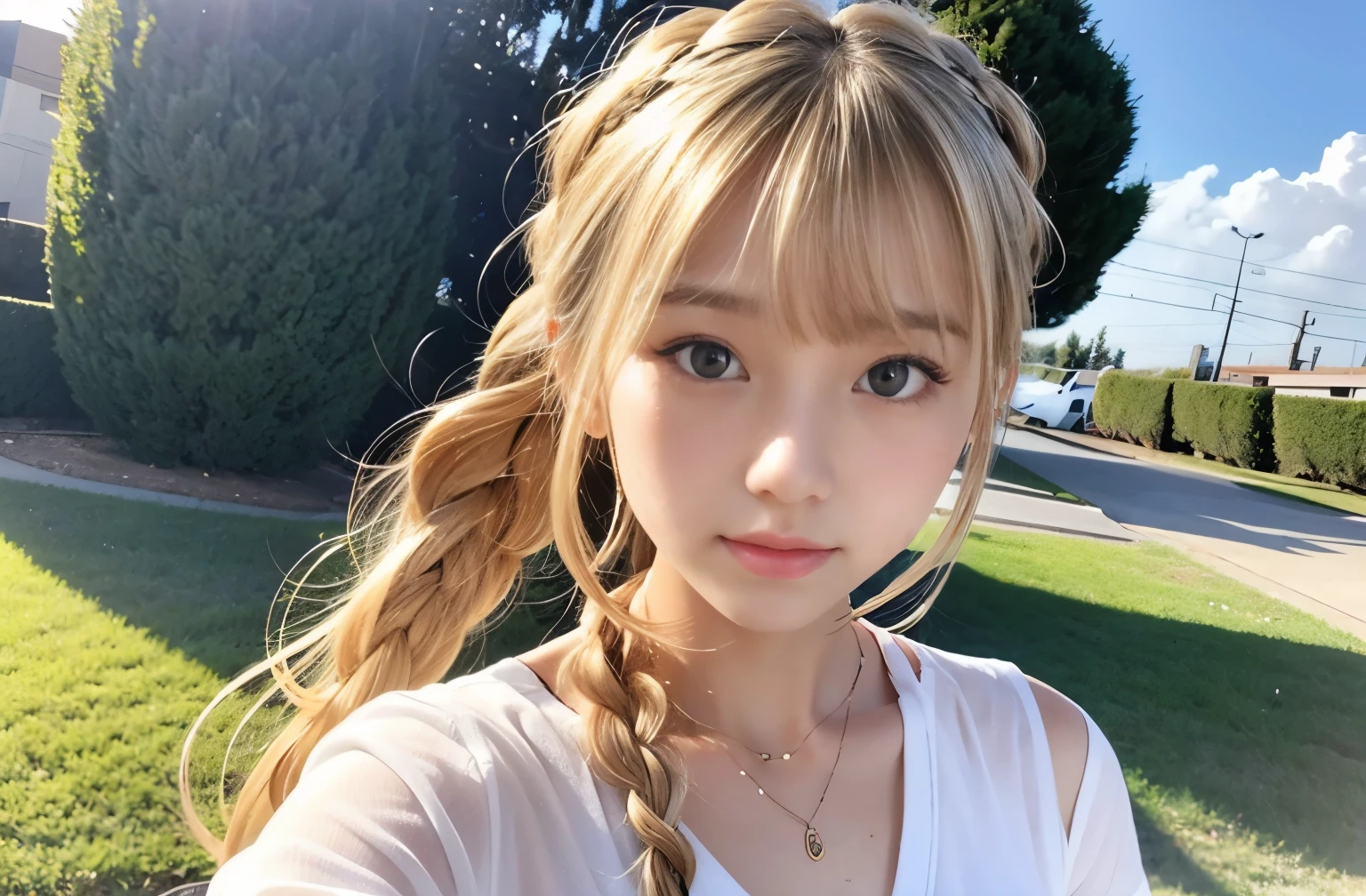Sexy Big 、Sexy cute looks and cute 15 year old beautiful girl, beautiful and sexy face、A strong wind blows my hair in front of my face、beautiful long blonde French braided hair、beautiful, Cute and sexy eyes hidden behind long bangs、flat chest、Afterschool、Realistic、Actual Photos、Selfie