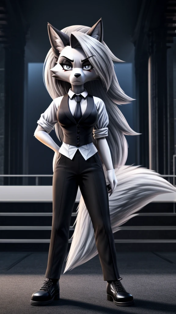 Loona from Helluva Boss, female wolf, anthro, mature adult, white short fluffy hair, grey eyes, tall, white shirt with black tie, black pants, black shoes, serious cold expression, emotionless stare, omnious, detailed, solo, beautiful, high quality, 4K