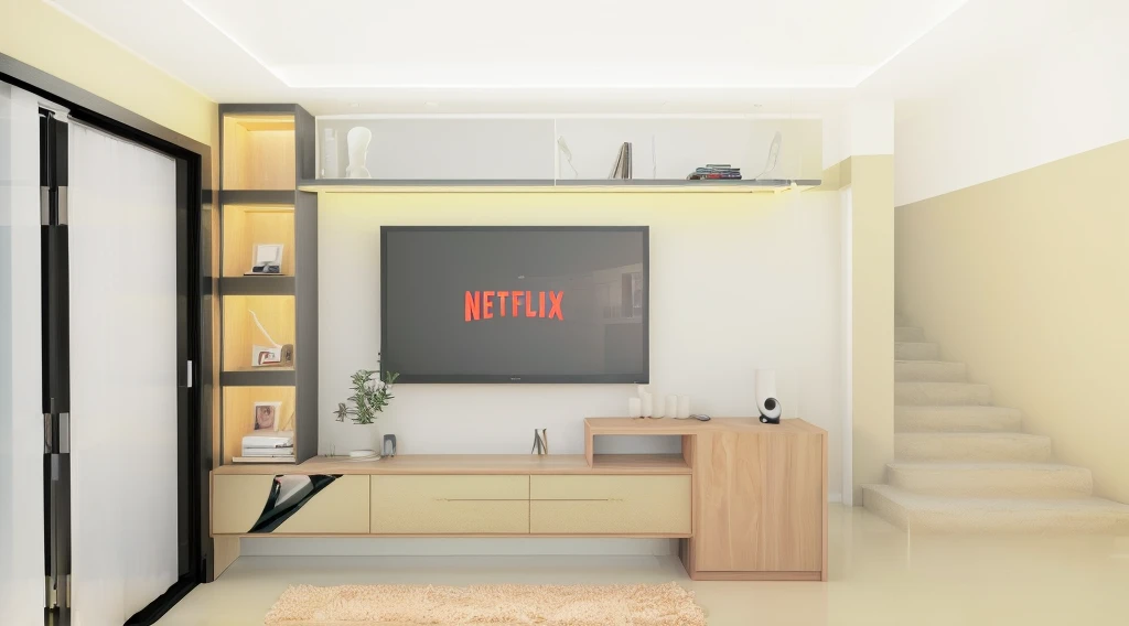there is a picture of a living room with a tv and a staircase, netflix animation, realistic 3 d style, netflix trese, modern minimal design, flat minimalistic, minimalistic design, interior living room, minimalist environment, realistic cinema 4 d render, tv, cinematic design, cartoon style, minimalist cartoon style, netflix, in style of ultra realistic, minimalist design