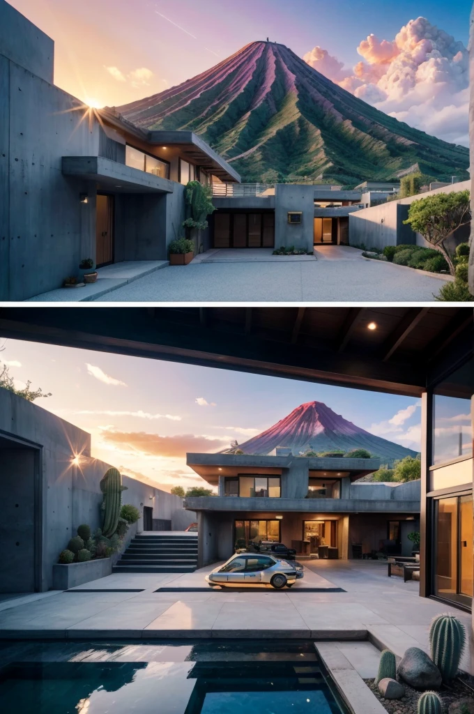 anime (best-quality:0.8), (best-quality:0.8), perfect anime illustration, we've been trying to reach you about your cars extended warranty, An illustration in collage style, with giant boulders, brutalist building sections, terraces, stairs, cacti, agave, concrete texture, multiple geometric shapes, hatch and cross hatching, planet saturn, volcano, moon, Luis Barragán's architectural style build, milky way galaxy, violet, one motorcycle, An illustration in collage style, with giant boulders, brutalist building sections, stairs, cacti, agave, concrete texture, multiple geometric shapes, hatch and cross hatching, planet saturn, volcano, moon, Luis Barragán's architectural style build, reflective pool, terraces. An elegant and modern build, in top of big boulders, with terraces, materials concrete, wood, steel and crystal, various gardens with tropical vegetation, cacti and rocks, stairs, a pool. In middle of sea, a big wave near, sunset, mountains and a volcano in the horizont, cute islands around, illustration format, cute color palette, detailed, masterpiece, award-winning work A 1999 Nissan GTR in Tron form r34 horizonte Lamborghini under a pink and purple sky, an anime drawing by Makoto Shinkai, trending on pixiv, magical realism, beautiful anime scene, cosmic skies. by makoto shinkai, ( ( makoto shinkai ) ), by makoto shinkai, anime background art, style of makoto shinkai