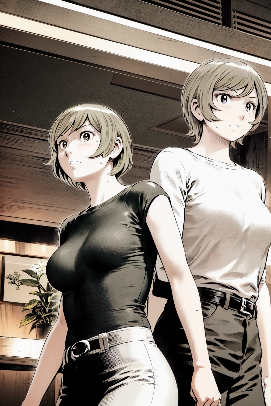 、(masterpiece、Highest quality)、Highest quality, Ultra-high resolution, (((masterpiece))), alone, Sweat、Big eyes,Tight black shirt、Tight white pants、belt、indoor、Composition from the front、(Cut the back hair short、short hair、blonde、woman)、Shortcuts、Embarrassed face、Cut your hair short、可愛いwomanの子、Big Breasts、office