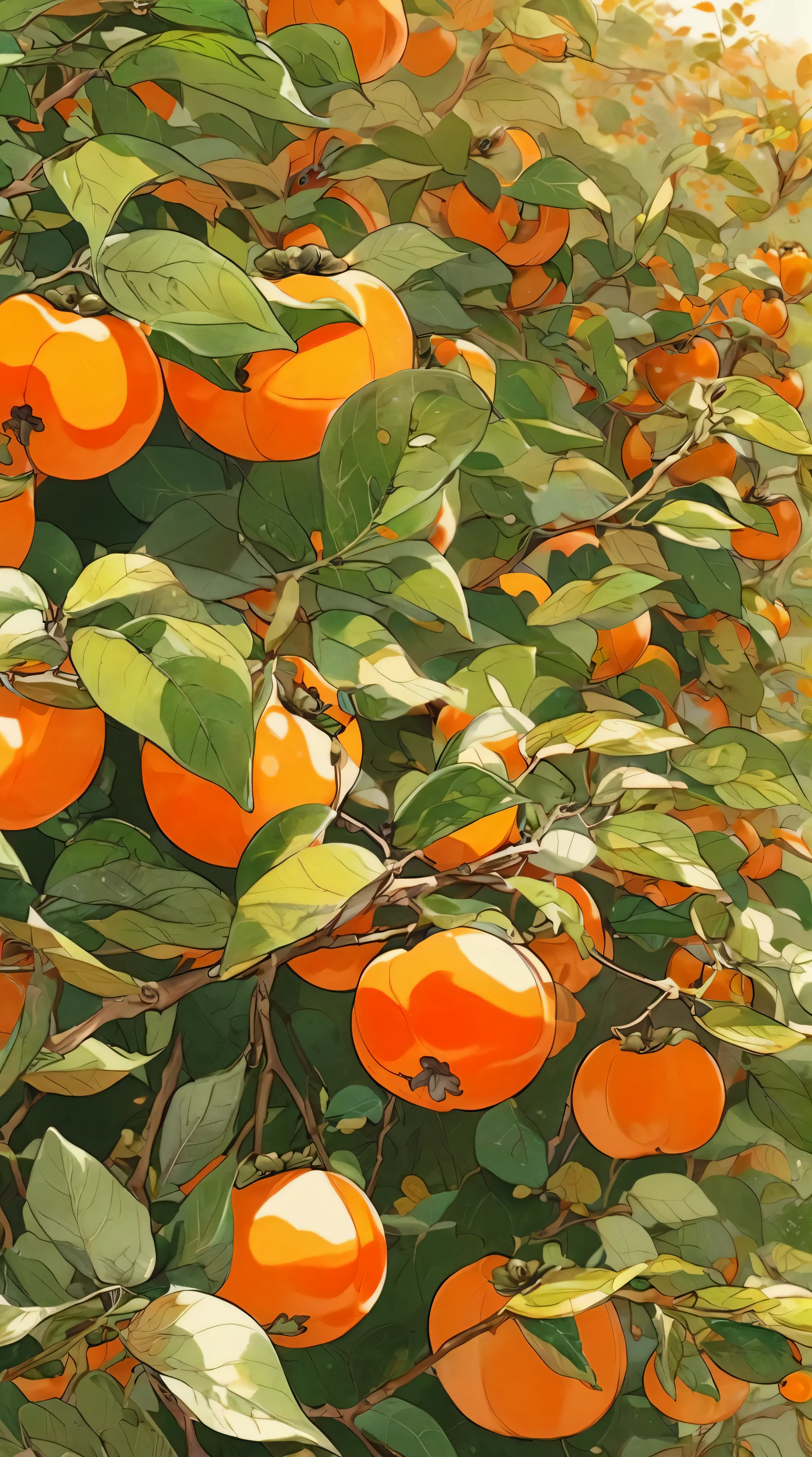 Persimmon with leaves,Branch offices,illustration, illustration风格,anime games,High Definition,一副美丽艺术illustration,illustration,orange dye, vibrant orange,in high resolution field,