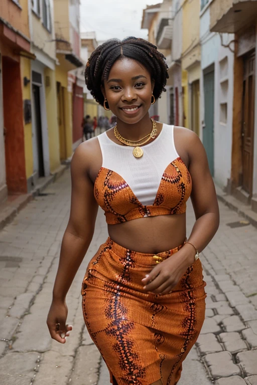 Create an image of a 23-year-old African woman, exuding happiness, dressed in a beautiful red ankara, she should be very thick and realistic . She should be walking down a street with the confidence and grace of a fashionista. The scene should be simple and capture her African heritage, reflecting her Kenyan background.