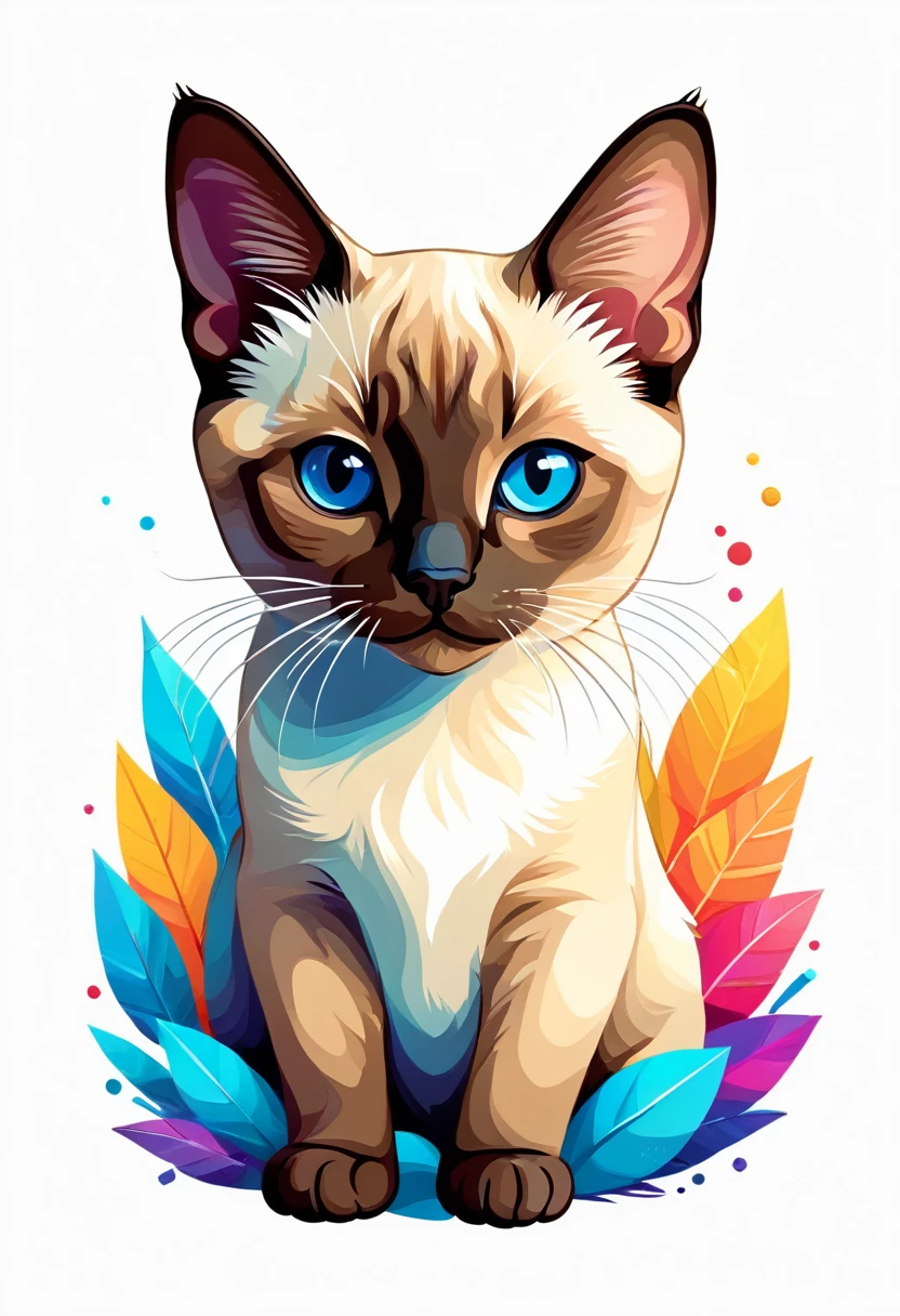 A t-shirt with graphic design art, flat illustration of a cute siamese cat, colorful tones, highly detailed cleanliness, imagem vectorial, photorealistic masterpiece, professional photograpy, plain white background, isometric, Vibrant, vector