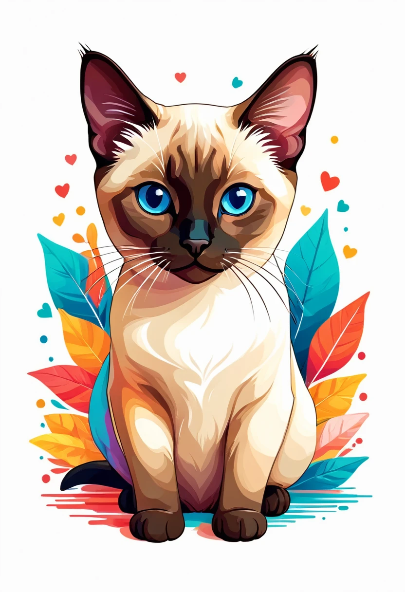 A t-shirt with graphic design art, flat illustration of a cute siamese cat, colorful tones, highly detailed cleanliness, imagem vectorial, photorealistic masterpiece, professional photograpy, plain white background, isometric, Vibrant, vector