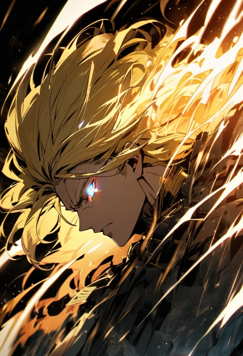 male, solo, handsome, blond hair, god, god eyes, glowing eyes, light, aura, holo, golden, side view, face close, fighting
