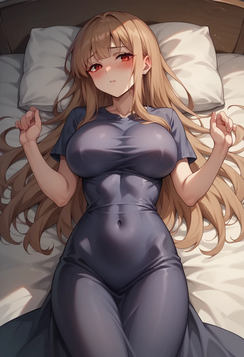 ((masterpiece)), (Highest quality), (detailed), (1 Girl),,Red eyes,Light brown hair、Long Hair、Wolf Ear、,bed、Large Breasts、blush、T-Shirts(tight)Maxi Dresses