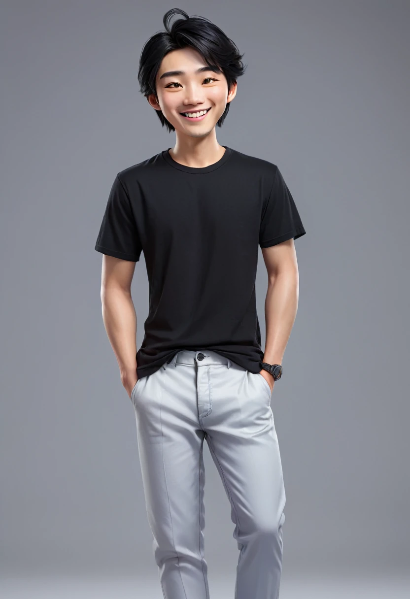 masterpiece, Top quality, highly detailed, realistic, Detailed Face, Detailed and realistic skin, perfect shiny skin, One male, young man, 20 years old, (Mandarin cut gradient black hair), full body,standing, front face, t-shirt big plain black T-shirt, big trousers, talking with hand gestures, front view, big smile