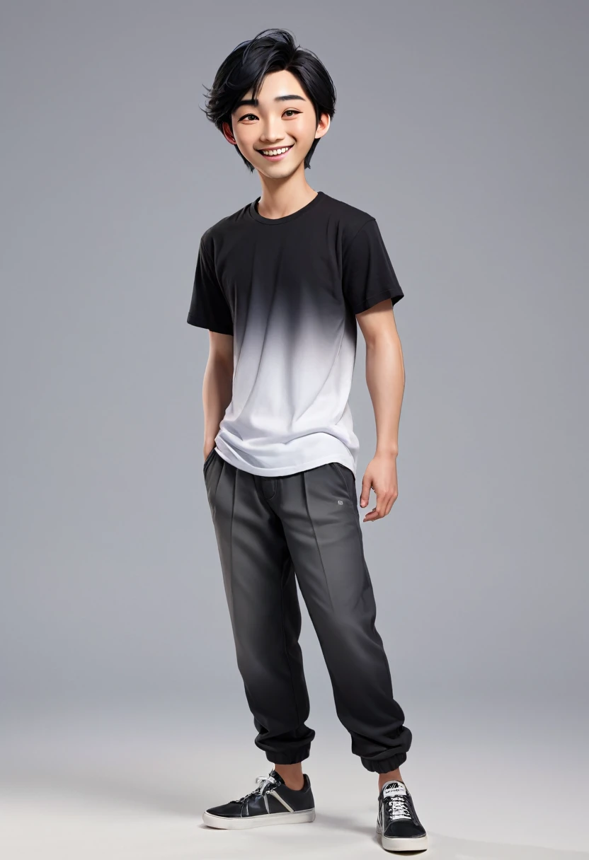 masterpiece, Top quality, highly detailed, realistic, Detailed Face, Detailed and realistic skin, perfect shiny skin, One male, young man, 20 years old, (Mandarin cut gradient black hair), full body,standing, front face, t-shirt big plain black T-shirt, big trousers, talking with hand gestures, front view, big smile