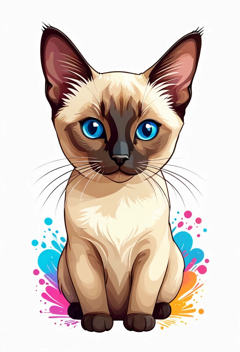 A t-shirt with graphic design art, flat illustration of a cute siamese cat, colorful tones, highly detailed cleanliness, imagem vectorial, photorealistic masterpiece, professional photograpy, plain white background, isometric, Vibrant, vector