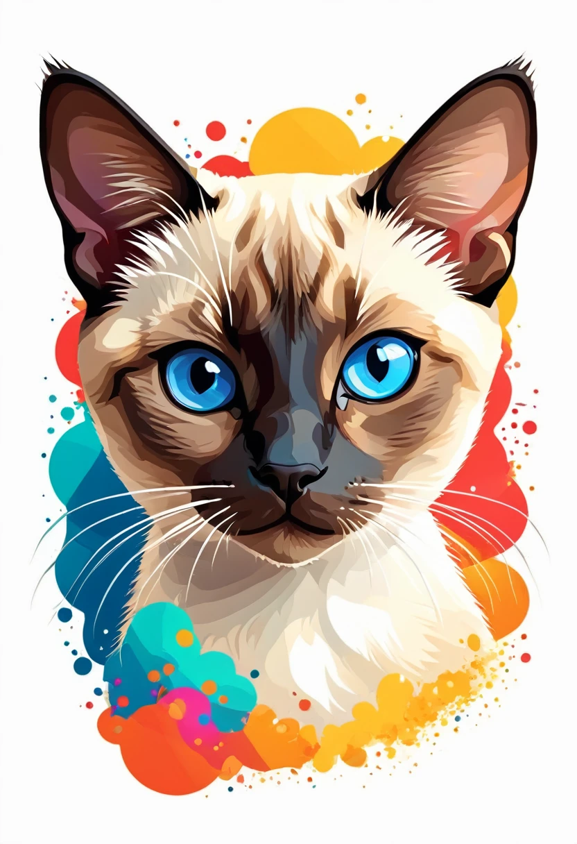 A t-shirt with graphic design art, flat illustration of a cute siamese cat, colorful tones, highly detailed cleanliness, imagem vectorial, photorealistic masterpiece, professional photograpy, plain white background, isometric, Vibrant, vector