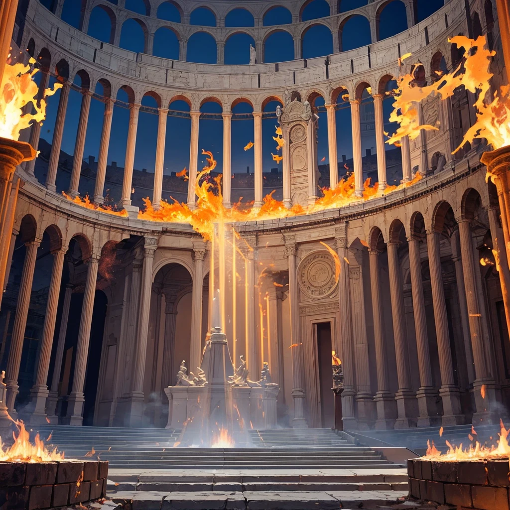 generate an image of the coliseum scene with fire and flames around the edges #hyper realist #shiny colors #General plan