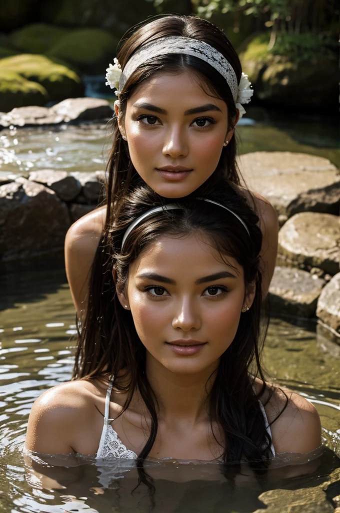 best quality, masterpiece, Ultra-high resolution, A supermodel soaks in a hot spring in Japan, Outdoor hot spring, Stone hot spring, Surrounded by moss and trees, Super beautiful face, Pure body, Clearly visible pores, (Smile:0.8), Wearing separates (Lace headband:1.2), (realism:1.5), original photo, Wet body, Sweating all over, Bare shoulders, in the darkness, Deep Shadows, Low profile, Cold Light