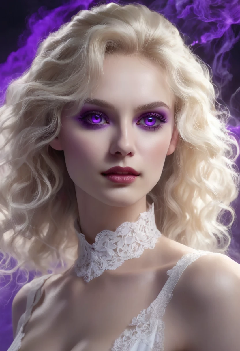 1 woman, inside a beautiful, somewhat dark room, wearing an elegant white jumpsuit with a high collar and lace, detailed facial features, purple and feminine eyes, very clear detailed skin, long and very curly blonde hair, soft and friendly expression, lighting dramatic, cinematic composition, cool color palette, atmospheric fog, pretty face, thin chin, beautiful woman, small sharp canines, gorgeous vampire (best quality, 4K, 8K, high resolution, art: 1.2), ultra-detailed, ( realistic, photorealistic, photorealistic: 1.37) pores on the face, very realistic)