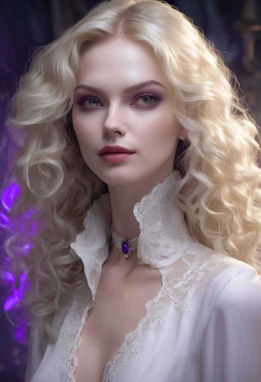 1 woman, inside a beautiful, somewhat dark room, wearing an elegant white jumpsuit with a high collar and lace, detailed facial features, purple and feminine eyes, very clear detailed skin, long and very curly blonde hair, soft and friendly expression, lighting dramatic, cinematic composition, cool color palette, atmospheric fog, pretty face, thin chin, beautiful woman, small sharp canines, gorgeous vampire (best quality, 4K, 8K, high resolution, art: 1.2), ultra-detailed, ( realistic, photorealistic, photorealistic: 1.37) pores on the face, very realistic)