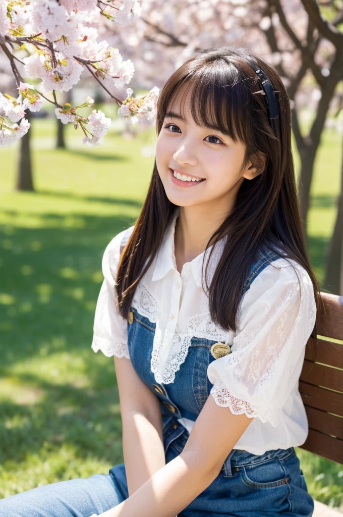 masutepiece, Best Quality, Illustration, Ultra-detailed, finely detail, hight resolution, 8K Wallpaper, Perfect dynamic composition, Beautiful detailed eyes, Natural Lip,a beauty girl、In the bright and refreshing spring sunshine、Imagine a female college student walking around campus.。.。.。She、She is wearing jeans and a white lace blouse.。the hair flutters with the wind、People around you smile々He is depicted having a conversation with.。The cherry blossoms on campus are in full bloom、Green tree on background々々々There is a bench where students can gather...。She is carrying a colorful backpack.、he has a notebook and a pencil in his hands.。Her figure is、Expressing the image of a typical female college student enjoying learning and free time., Wearing a thin white shirt with short sleeves、one shirt button is missing and there is a mole near chest and I can see it.。
